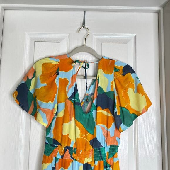 ABEL THE LABEL Smocked Midi Dress Smocked Tropical Bright Colorful Size XS Beach - Picture 7 of 7
